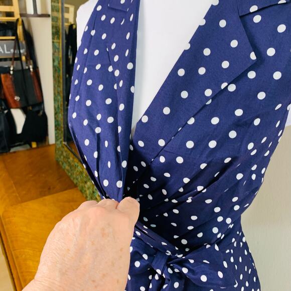 Evan Picone Size 14 Women's Polka Dot Wrap Fit & Flare Navy Blue White Retro - Picture 6 of 11